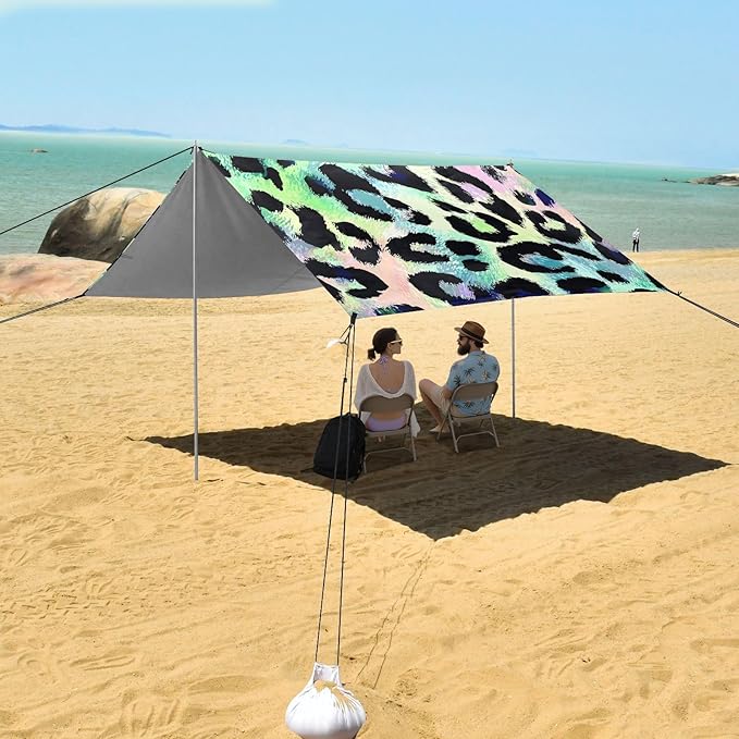 Bolaz Beach Canopy Tent Sun Shade9'×10.5' Large Family Beach Shade UPF50+- Outdoor Shade for Camping Trips FishingColorful Leopard Pattern