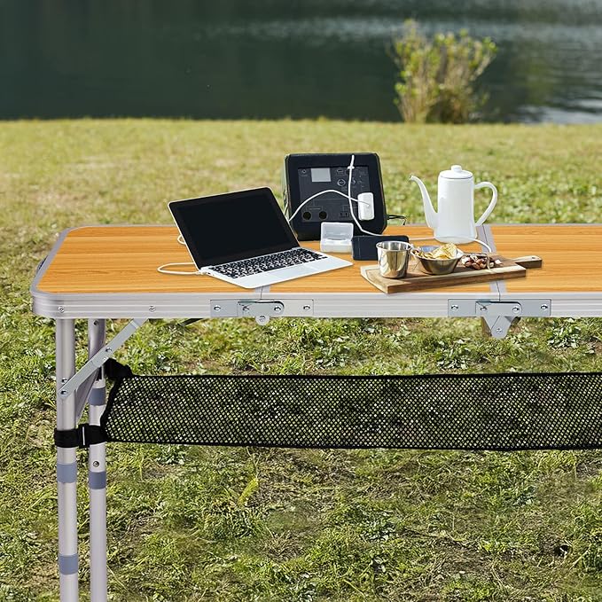 3 FT Folding Camping Table with Storage Portable Fold-in-Half Camp Kitchen Party Table 3 Height Adjustable &amp Carry Handle Rectangular Card Tables for Outdoor Picnic BBQ Backyard (Wooden Pattern