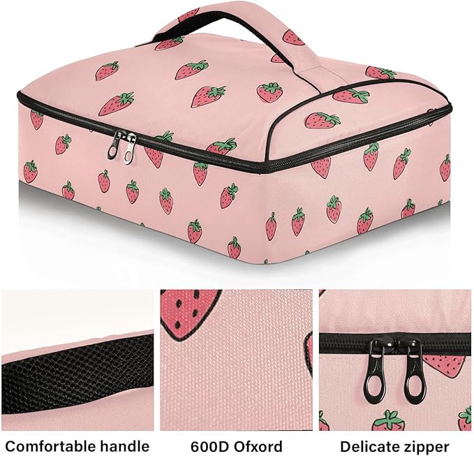 Casserole Carrier Strawberry PatternInsulated Casserole Carrier for Hot or Cold Food Thermal Lunch Tote for Potluck Parties Picnic Beach Fits 9 x 13 Inches Baking Dish