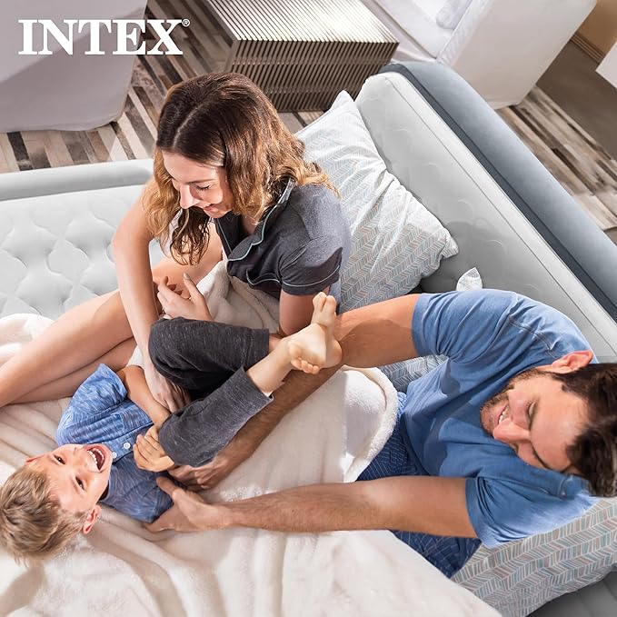 Intex 64447ED Dura-Beam Deluxe Ultra Plush Air Mattress with Headboard: Fiber-Tech – Queen Size – Built-in Electric Pump – 18in Bed Height – 600lb Weight Capacity
