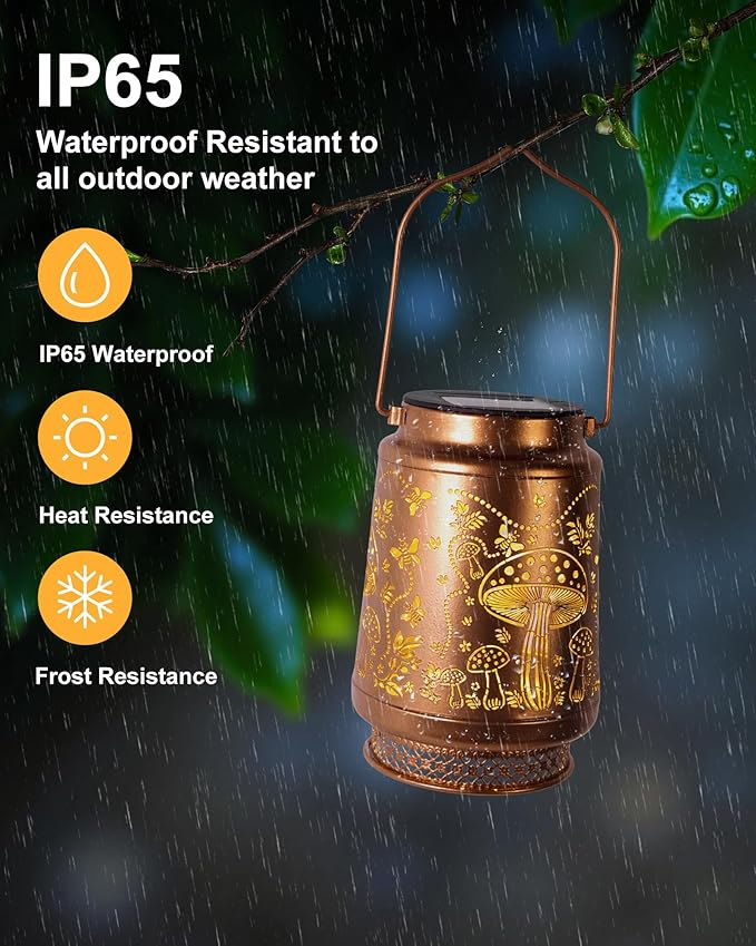 2 Pack Mushroom Solar Lanterns Outdoor Waterproof Garden Decor Birthday Gifts for Women Mom Grandma Sister Metal Hanging Solar Lights Outside Decorative for Backyard Patio Lawn Pathway Landscape