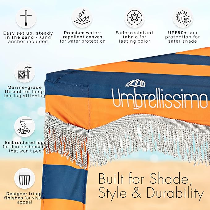 Premium Beach Cabana - Umbrellissimo Navy &amp Orange. Includes Sand Anchor Designer Canvas Prints &amp Fringe finishes Sand Pockets pegs Matching Carry Bag. Easy Set up 6.6'x6.6' of Cool UPF50+