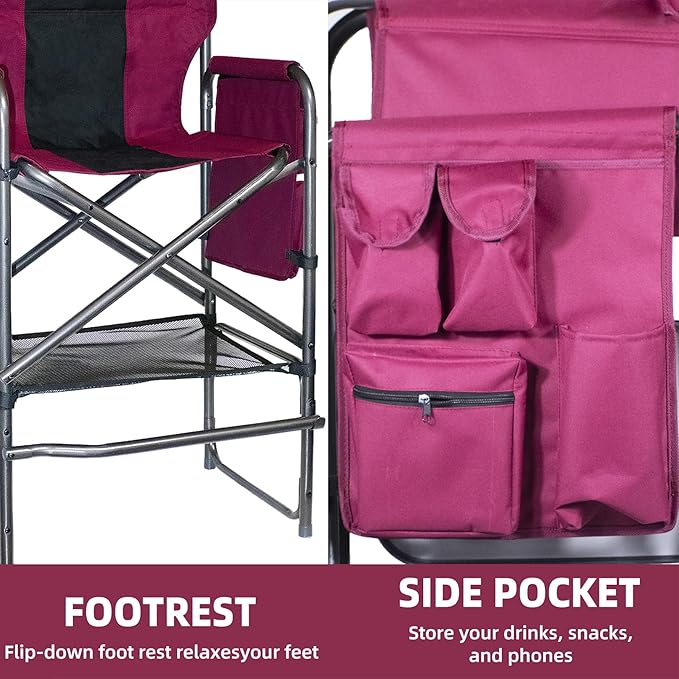 30 Tall Directors Chair with Side Table 400LBS Bar Height Folding Camping Chair for Makeup Artists Outdoor Events Portable Foldable Chair with Cup Holder &amp footrest - Light Wine Red