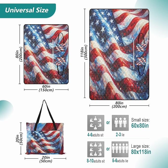 American Flag Picnic Blankets - Extra Large Waterproof Foldable Portable Picnic Blanket 60x80 Beach Blanket Outdoor Mat for Grass Park Hiking Travel
