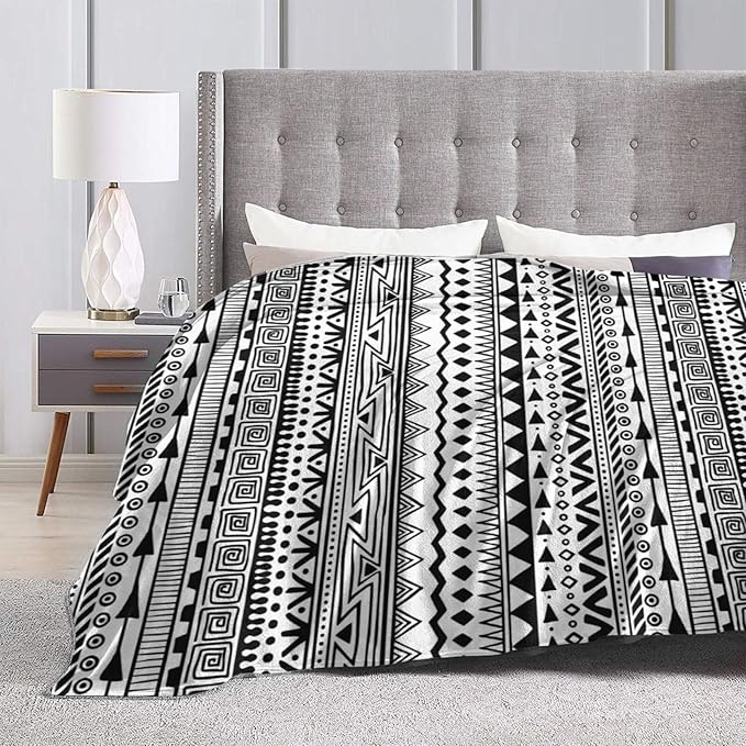 80X60 Tribal Print Black and White Aztec Pattern Boho Lightweight Flannel Blanket - Soft and Breathable Polyester Suitable for Travel Camping and Home Decoration