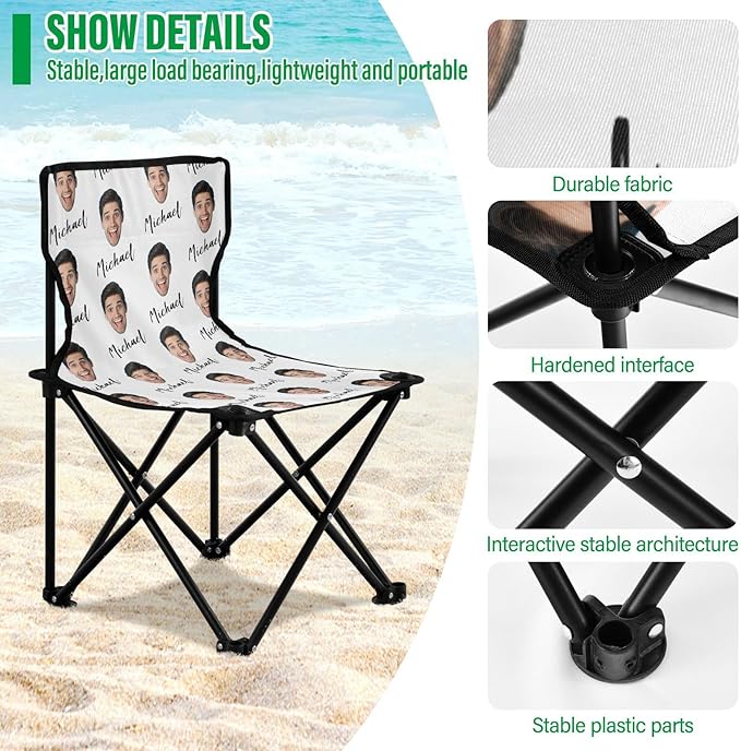 Sinestour White Custom Photo Folding Camping Chair for Teen Child Personalized Name 14.6×14.6in Portable Outdoor Chair with Carry Bag for Picnic Barbeques Beach