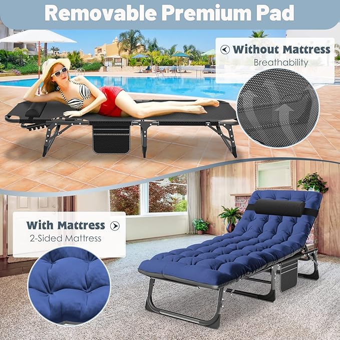 Slsy Sleeping Cots for Adults 5-Position Folding Chaise Lounge Chairs Outdoor Portable Folding Bed Cot Lounge Chair for Beach Lawn Camping Pool Sun Tanning