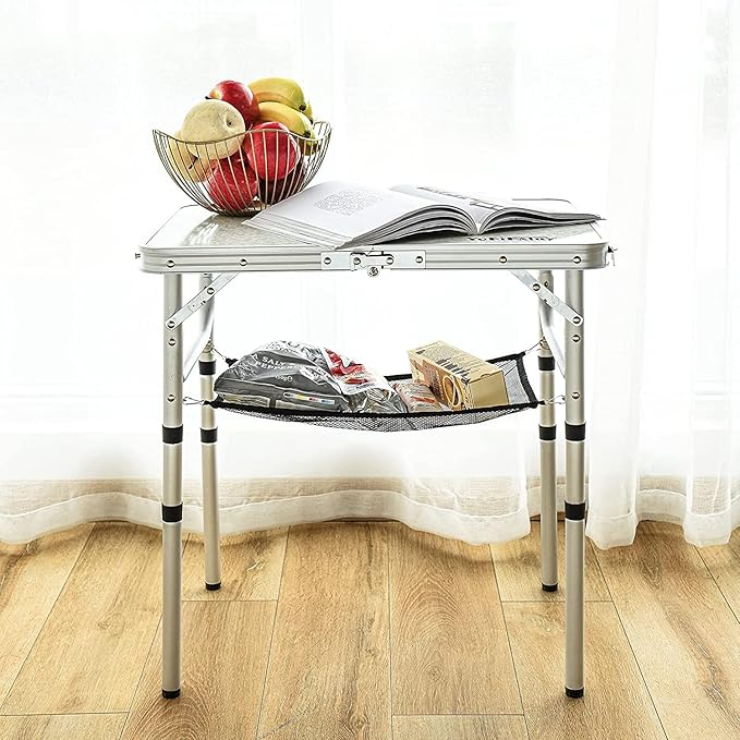 Small Folding Table 2 Foot Portable Camping Table with Mesh HoldersLightweight Aluminum Adjustable Height with Carry Handle for Camping Picnic Indoor Outdoor White 24 x 16 inch (3 Heights）