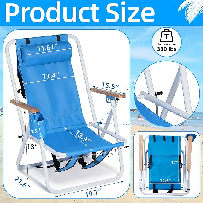 Backpack Beach Chair 4 Position Folding Reclining Lounge Heavy Duty Steel Frame 330 lbs Capacity &amp Wooden Armrests Set of 2 23x21.7x31.5