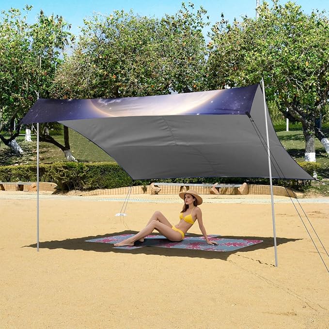 ALAZA Tiger Moon Beach Tent Sun Shelter UPF50+ Protection Beach Shade Canopy w/ 4 Sandbags for Outdoor Camping Fishing Backyard Fun Picnic 10x9 ft
