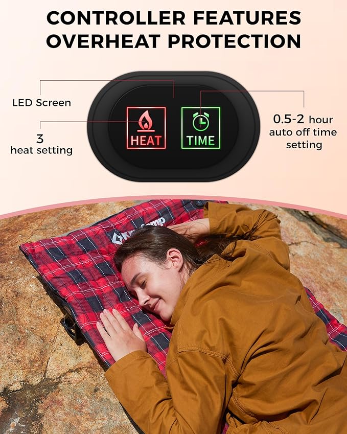 KingCamp 6 Heating Zones Heated Sleeping Bag Pad 3s Heat-up Portable XL Sleeping Bag Liner for Cold Weather Camping Hiking Multi USB Power Supported Compact Bag Included