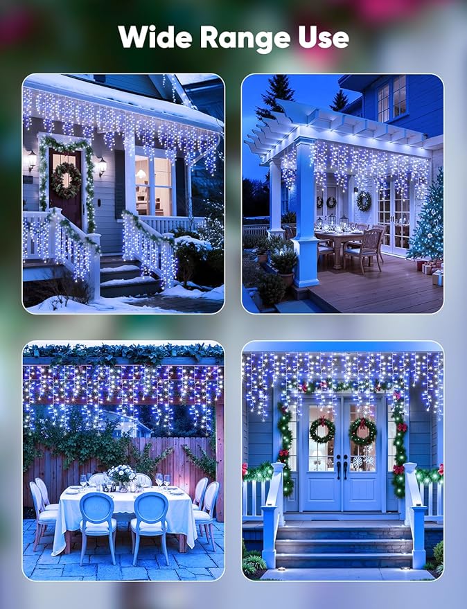 Brightown Cluster Icicle Lights Outdoor Waterproof 33FT 1020 LED Icicle Lights with 51 Drop12 Mode Timer for Christmas Outdoor House Decoration Blue White
