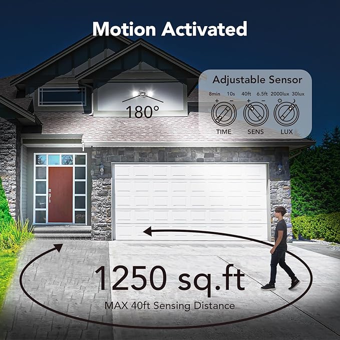 OREiN Motion Sensor Outdoor Security Lights Dual-Head Adjustable LED Flood Lights 3 Modes (Motion/Manual/Dusk to Dawn) 150W Equivalent 5000K IP65 Waterproof Hardwired Black (2 Pack)