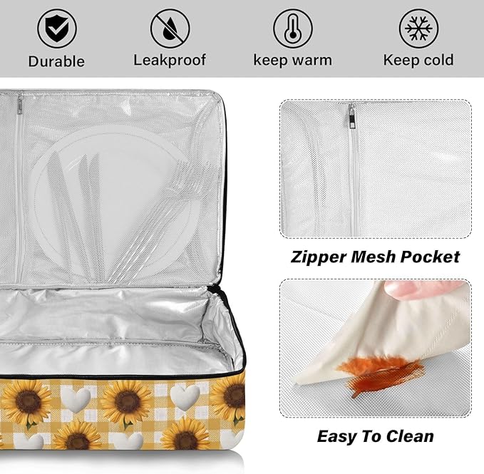 Casserole Carrier Cute Sunflower and HeartInsulated Casserole Carrier for Hot or Cold Food Thermal Lunch Tote for Potluck Parties Picnic Beach Fits 9 x 13 Inches Baking Dish