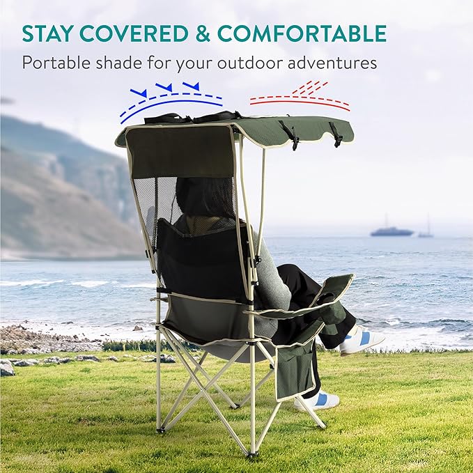 Navaris Foldable Beach Chair with Canopy Shade - Folding Chairs for Adults with Sun Umbrella for Outdoor Use - Lawn Beach Sports Camping Picnics - Lightweight &amp Easy to Carry