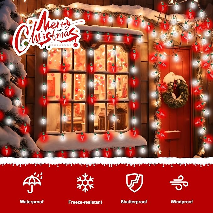 HAYATA Christmas Red White 50 LED Strawberry String Light - Fairy Xmas Decor Lighting for Outdoor Indoor Patio Party Home Wreath Garland Christmas Tree Decoration. (C9-Red White)