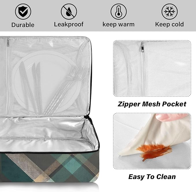 Casserole Carrier Green Brown Tartan Pattern Print Insulated Casserole Carrier for Hot or Cold Food Thermal Lunch Tote for Parties Picnic Travel Carry Bag
