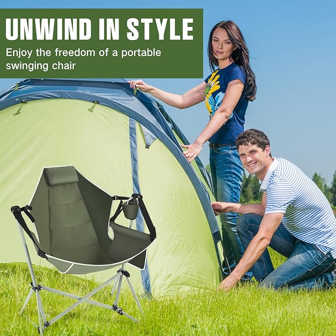 2 Pcs Hammock Camping Chair with Adjustable Backrest Heavy Duty Folding Swinging Chair Supports 300lbs Portable for Camping Travelling and Patio Green