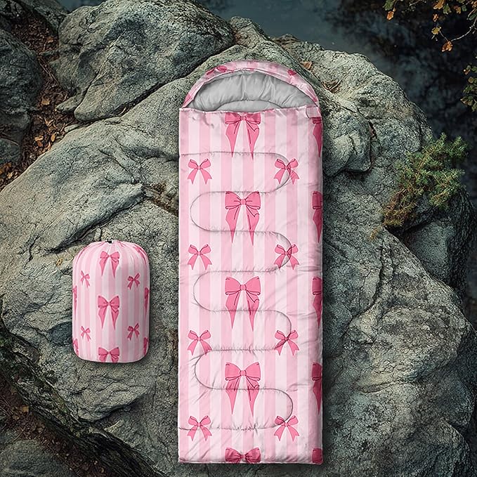 Colorful Bow Sleeping Bag 3 Season Warm Cool Weather Hand Drawn Bow Camping Sleeping Bag for Adult Cute Bowknot Camping Backpacking for Outdoor Traveling Hiking Hunting Gear Equipment