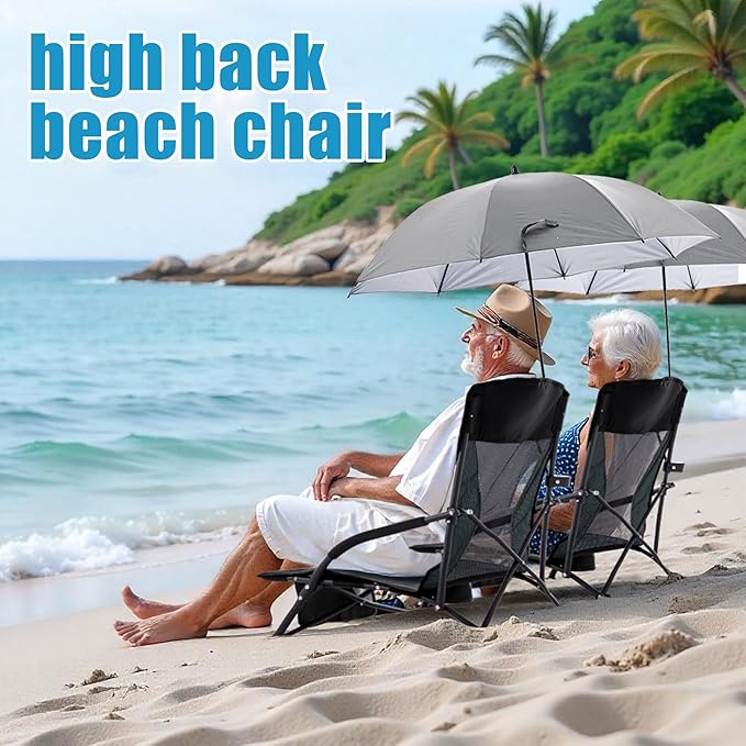 Folding Beach Chair with Umbrella for Adults 2 Pack Portable Low Beach Chairs with 300lbs Capacity Lightweight Fodable Camping Chair for Travel Picnic Concert &amp Outdoor Activities Black-Grey