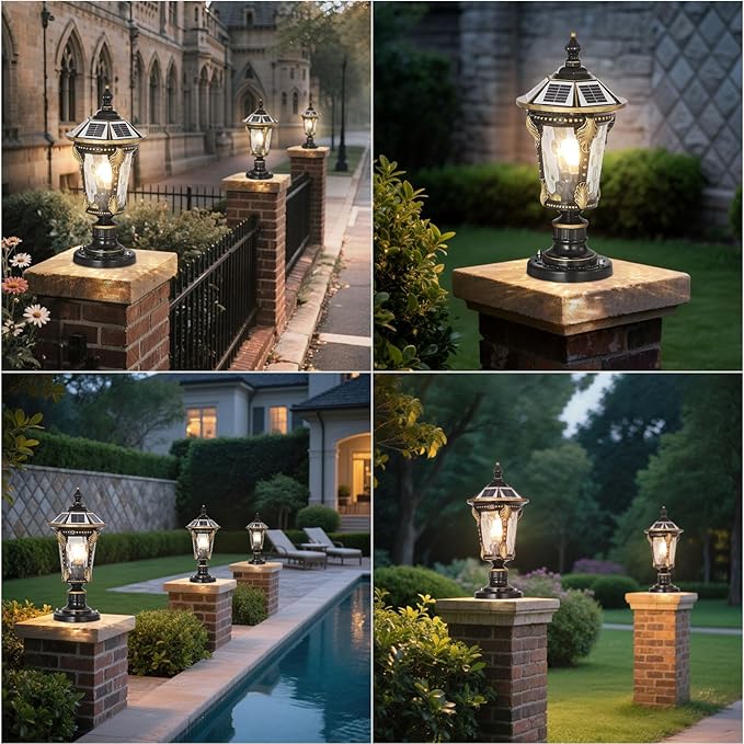Solar Post Caps Lights for Outdoor 19.29In Black Pillar Lamps with Remote Control Column Lights Waterproof Landscape Pathway Lighting Exterior Fence Deck Caps Lanterns Gate Yard Mailbox Pier Lamps
