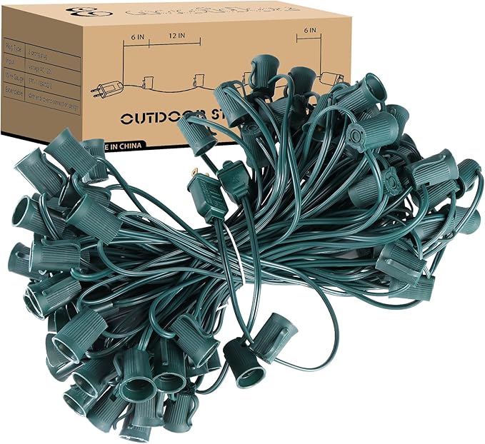 100FT C9 Light String Christmas Stringer E17 Light Sockets 12 Spacing C9 Stringer Set Green Outdoor String Light Strand for Wedding Patio Event Lighting Decor Green Wire