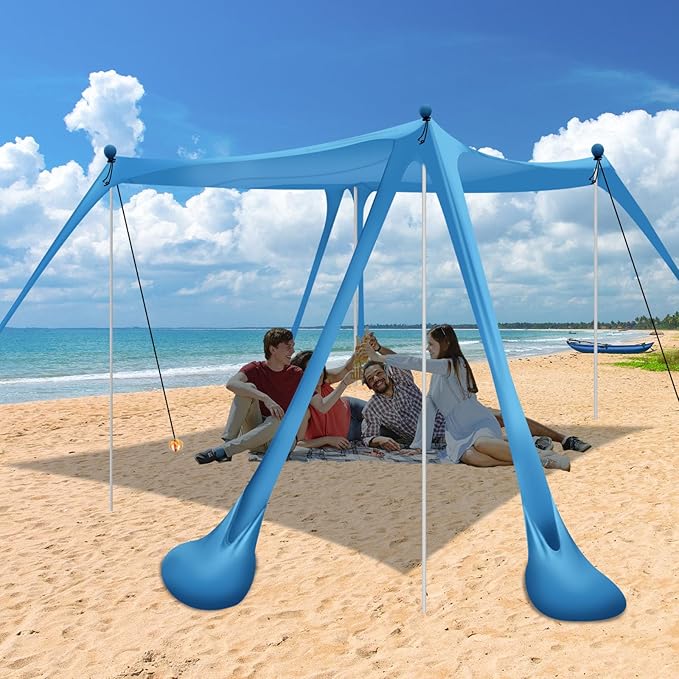 Beach Canopy Tent Sun Shade with 6 Sandbags Beach Tent Sun Shelter UPF 50+ UV Protection Poles and Ground Pegs and Anti-Wind Ropes for Outdoor Camping Backyard and Picnics