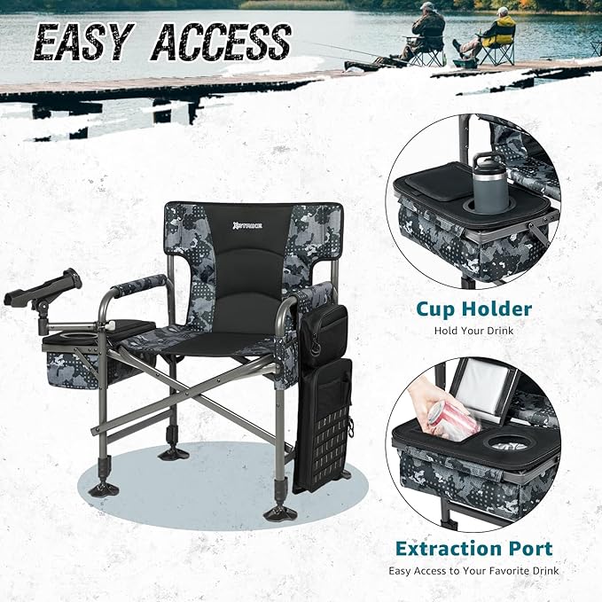 X Strike Fishing Chairs with Rod Holder Folding Ice Fishing Chair for Adults Outdoor Camping Chair Leg Adjustable with Cooler Bag and Storage Bag for Ice Fishing Camp Lawn Patio Garden