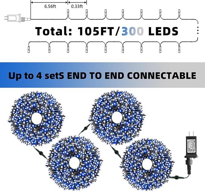 XTF2015 Christmas String Lights 105ft 300 LED Christmas Lights 8 Modes Memory Function &amp Timer- UL Certified - Outdoor Indoor Christma s Fairy Lights for Tree Garden Party Wedding(Blue + White