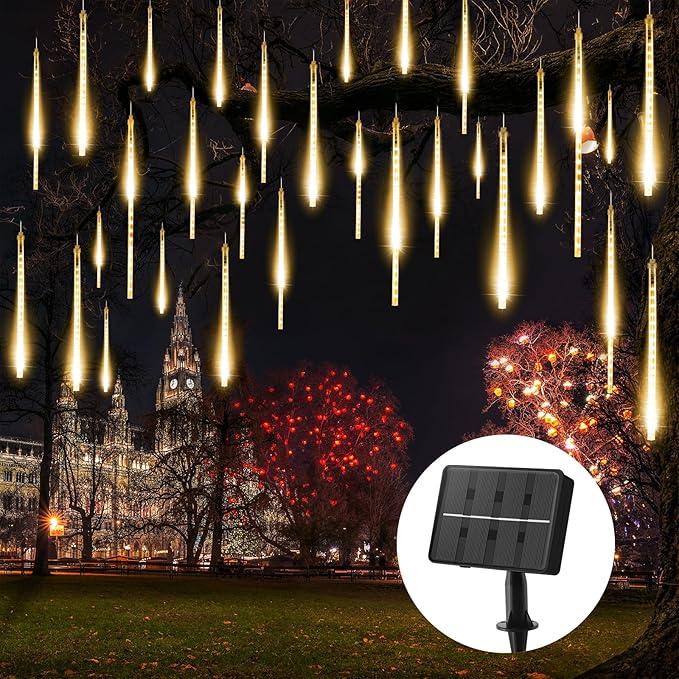 Brightown Meteor Shower Lights 20 Tubes 16 Inch 720 LED Solar Christmas Lights Outdoor Waterproof Snow Cascading String Lights for Outside Christmas Halloween House Tree Decoration Warm White