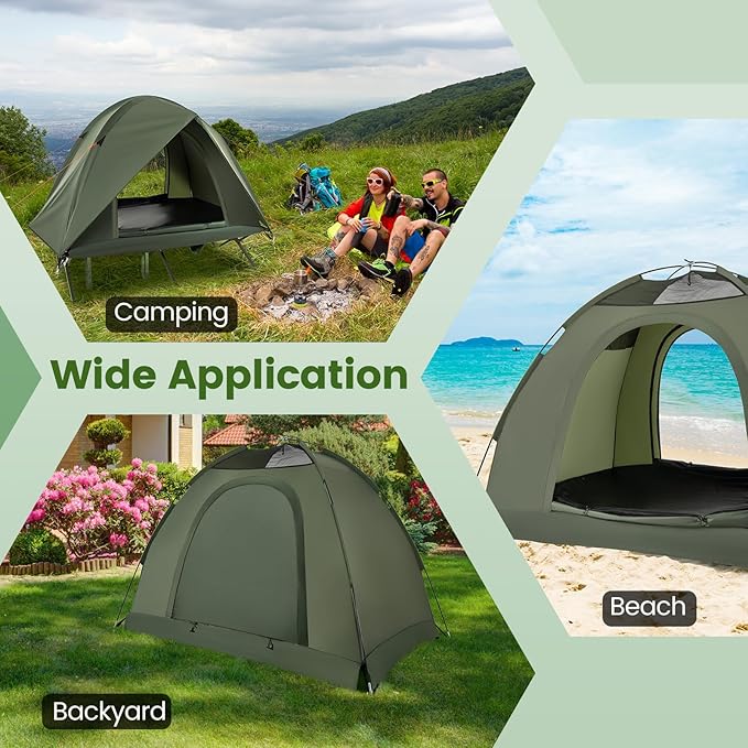 Tangkula 2 Person Tent Cot Portable Off Ground Elevated Camping Tent with Cot Removable Rainfly Wheeled Bag Stakes &amp Wind Ropes for Picnic Hiking Travel Beach