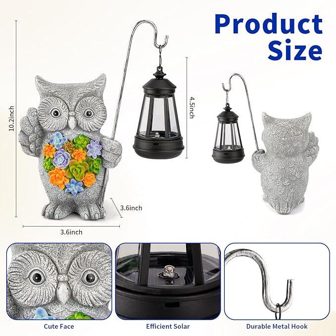 Solar Owl Garden Statue with Succulent Decor &amp Hanging Lantern – Outdoor Resin Decor for Patio Yard Balcony – Unique Gift for Women Gardeners