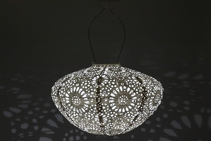 Allsop Soji Stella Crown Chantilly Lace Solar Lantern 13 LED Outdoor Light Handmade with Weather-Resistant UV Treated Fabric Stainless Steel Hardware Auto Sensor on/Off for Patio Deck Garden