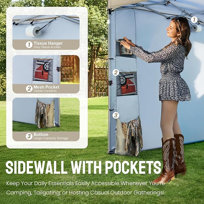 CROWN SHADES Canopy Tent 10x10 Pop Up Canopy Outdoor Shade with Pockets Sidewall Easy Up Sun Shelter with One Person Set Up Center Lock Portable Instant Camping Beach Canopy Tents Beige