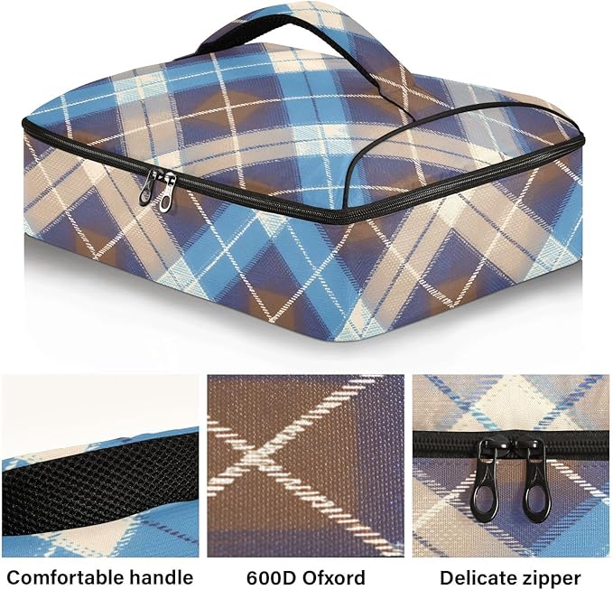 Casserole Carrier Blue Brown Tartan Insulated Casserole Carrier for Hot or Cold Food Thermal Lunch Tote for Parties Picnic Travel Carry Bag