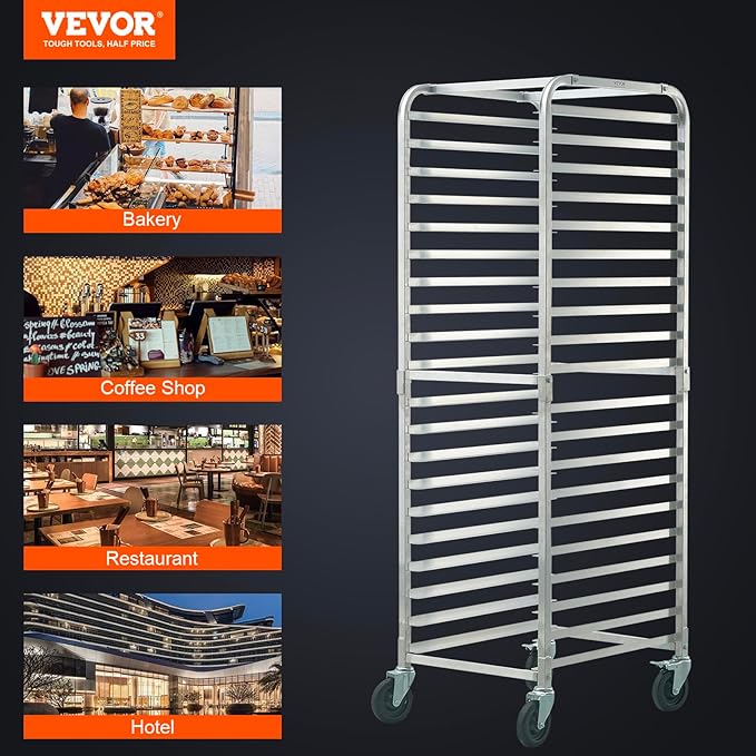 VEVOR Bun Pan Rack 20-Tier Commercial Bakery Racks with Brake Wheels Aluminum Racking Trolley Storage for Half &amp Full Sheet Speed Rack For Kitchen Home Bread Baking Equipment 26L x 20.4W x