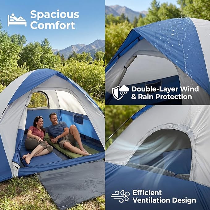 XL 4 Person Dome Camping Tent Double Layer Waterproof Removable Rain Fly for Outdoor Hiking Fishing