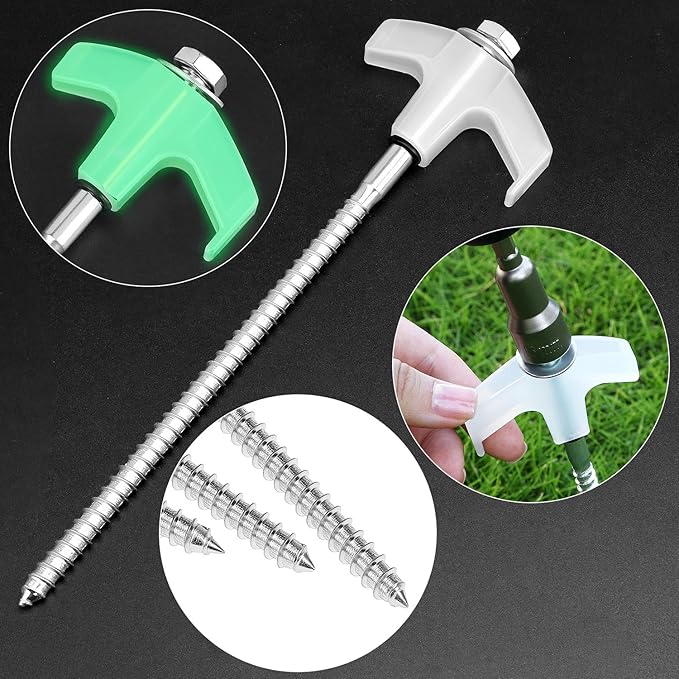 QWORK 8 Heavy Duty Screw in Tent Stakes Set - 20 Pack Tent Pegs Camping Stakes with Screwdriver | Glow in The Dark