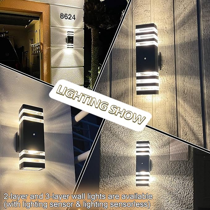 tewei 6 Pack Dusk to Dawn Outdoor Lighting Modern Black Exterior Light Fixtures 2-Layer Up and Down Outside Wall Lights IP65 Waterproof Outdoor Sconces Lighting for Porch Garage 3000K