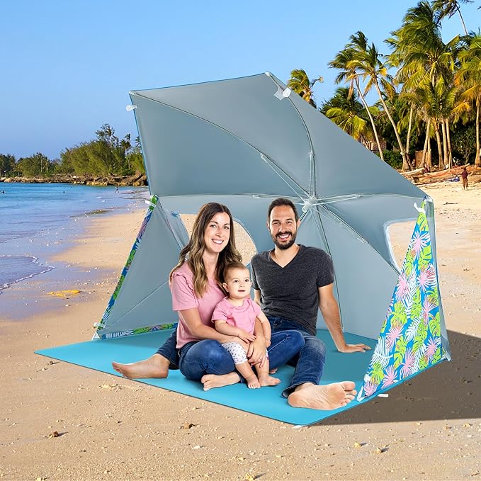 GYMAX Beach Umbrella Tent 2-in-1 Pop up Beach Tent UPF50+ with Carrying Bag Groundsheet Side Panels Sun Shelter for Outdoor Camping