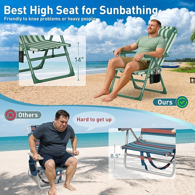 Suteck Backpack Beach Chairs for Adults 2 Pack 6-Position Folding Reclining Chair with Cooler Bag &amp Cup Holder Lightweight Portable Beach Chair for Camping Outdoor Sand Travel Use