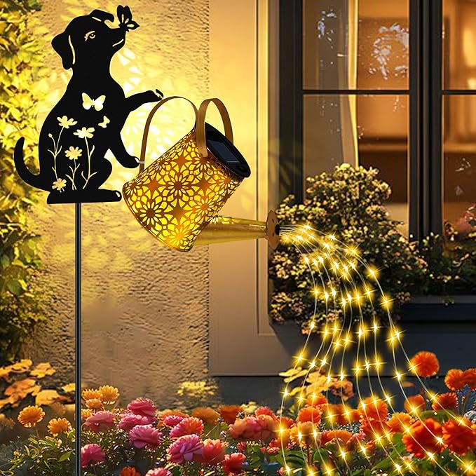 Solar Lights Outdoor Decorative Watering Can with Cascading Lights with Dog Silhouette Garden Stakes Gifts for Mom Women Waterproof Metal Garden Decor for Yard Art Outside(1 Pack)