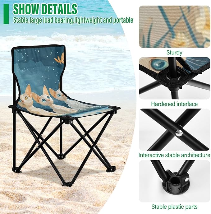 KLL Cartoon Devon Rex Cats Folding Camp Chairs Ultra-Lightweight Folding Chair Includes Carry Bag Fishing Chair for Outdoor Ice Fishing