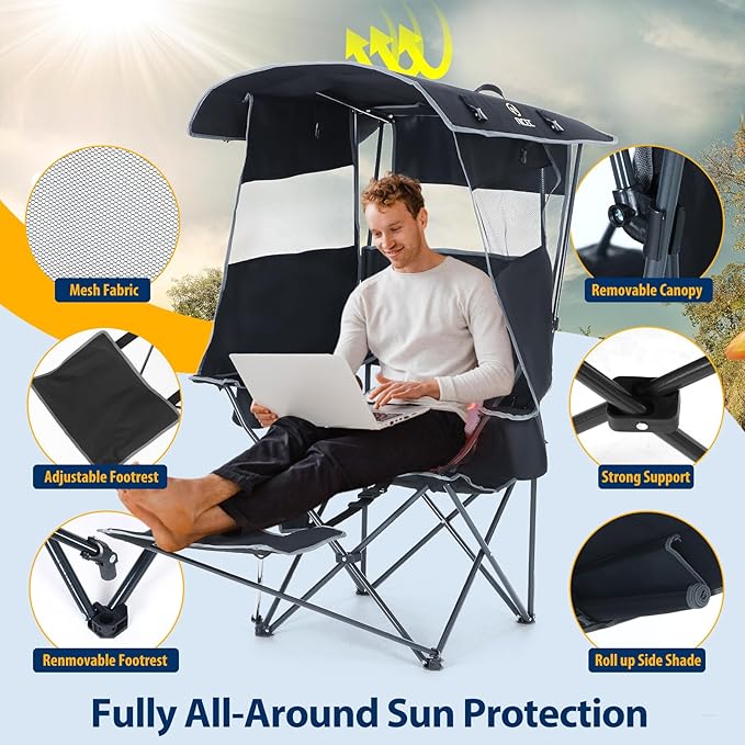 Nice C Chair with Canopy Heated Camping Chair with Battery Outdoor Sports Chairs with Shade Heated Folding Umbrella Lawn Chairs with Removable Footrest (2-Pack)