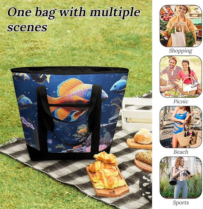 Insulated Shopping BagLarge Reusable Cooler Bags Fishs Printed Foldable Shopping BagTravel Waterproof Shoulder Bag