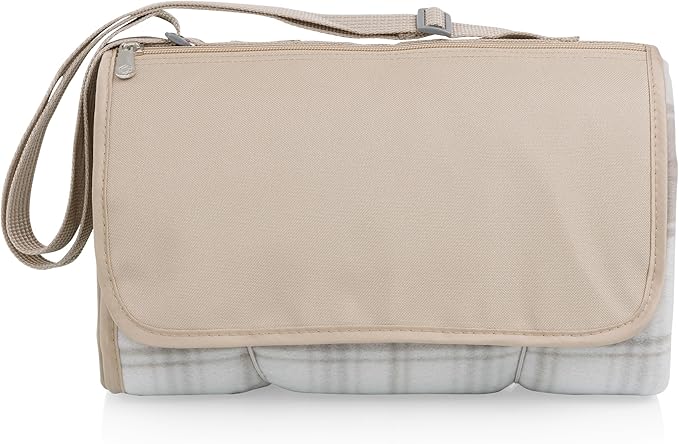 Picnic TIME Outdoor Picnic Blanket Tote 59x51 Foldable Beach &amp Camping Blanket with Soft Fleece Water-Resistant Bottom Adjustable Strap &amp Zippered Pocket (Neutral Plaid)
