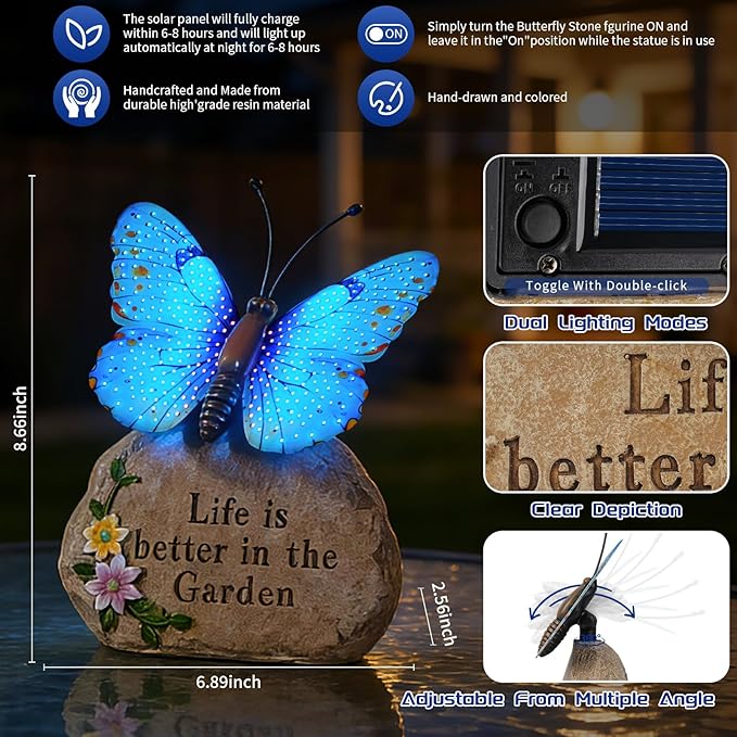Solar LED Butterfly Garden Statue with Sparkling Light-Up Wings - Outdoor Yard Patio Decor Figurine for Women Mom Grandma (Blue)