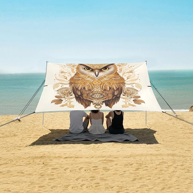 ALAZA Gold Owl Print Beach Tent Sun Shelter UPF50+ Protection Beach Shade Canopy w/ 4 Sandbags for Outdoor Camping Fishing Backyard Fun Picnic 10x9 ft