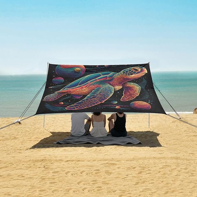ALAZA Sea Turtle with Planets Beach Tent Sun Shelter UPF50+ Protection Beach Shade Canopy w/ 4 Sandbags for Outdoor Camping Fishing Backyard Fun Picnic 10x9 ft