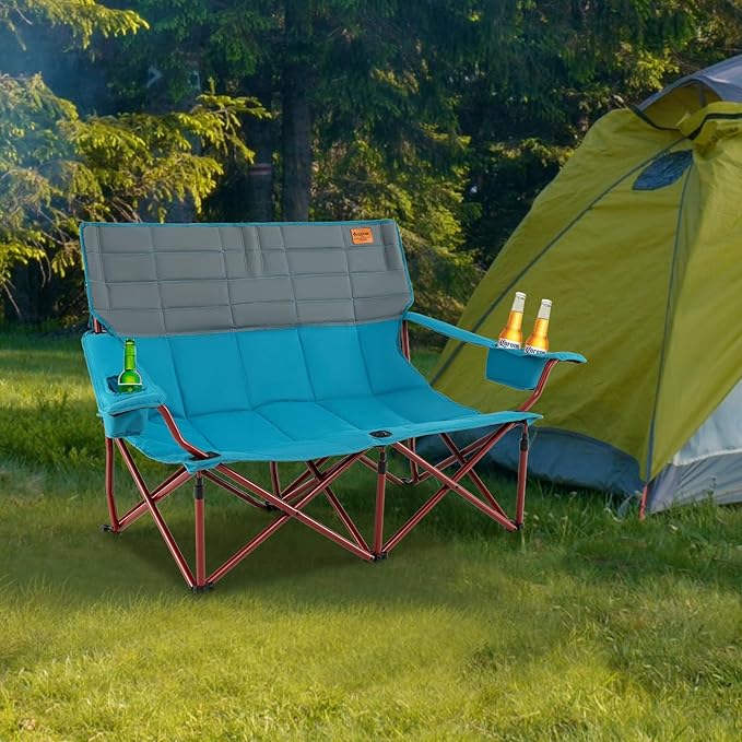 Goplus Double Camping Chair for Adults Low Outdoor Folding Loveseat Couch Chair w/Cup Holders Thick Padding Heavy-Duty 2 Person Lawn Chair for Beach Picnic Travel Supports 660 LBS(2-Person Seat)